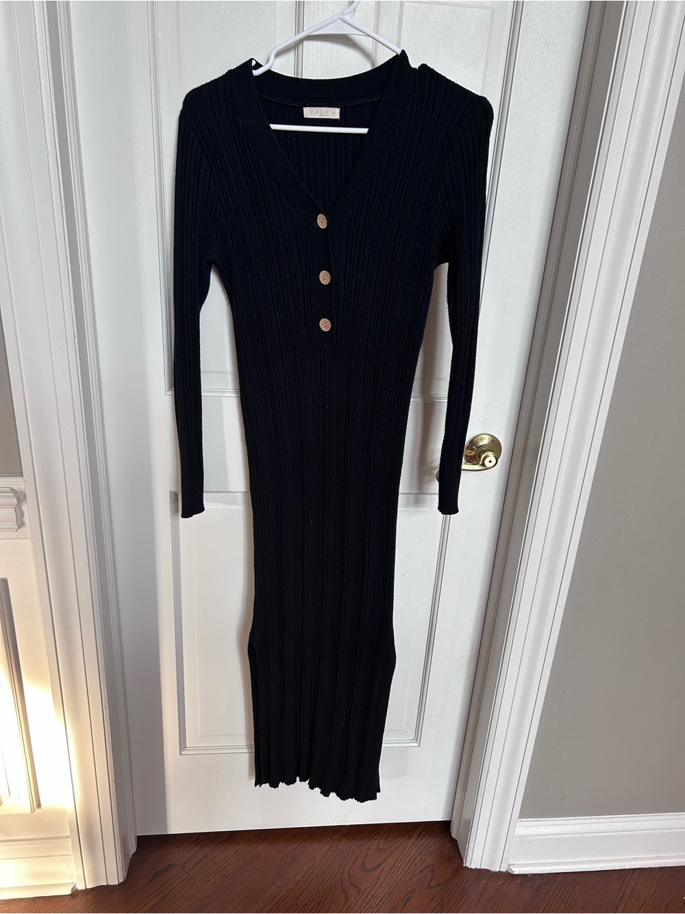 Maternity Black Ribbed V-Neck Button Midi Dress